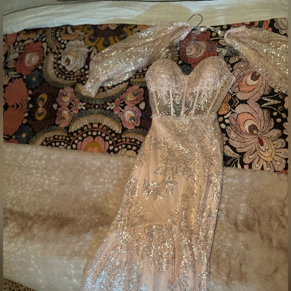 Sherri Hill light pink corset top sheer formal sequined dress style# 54919 - Picture 4 of 9